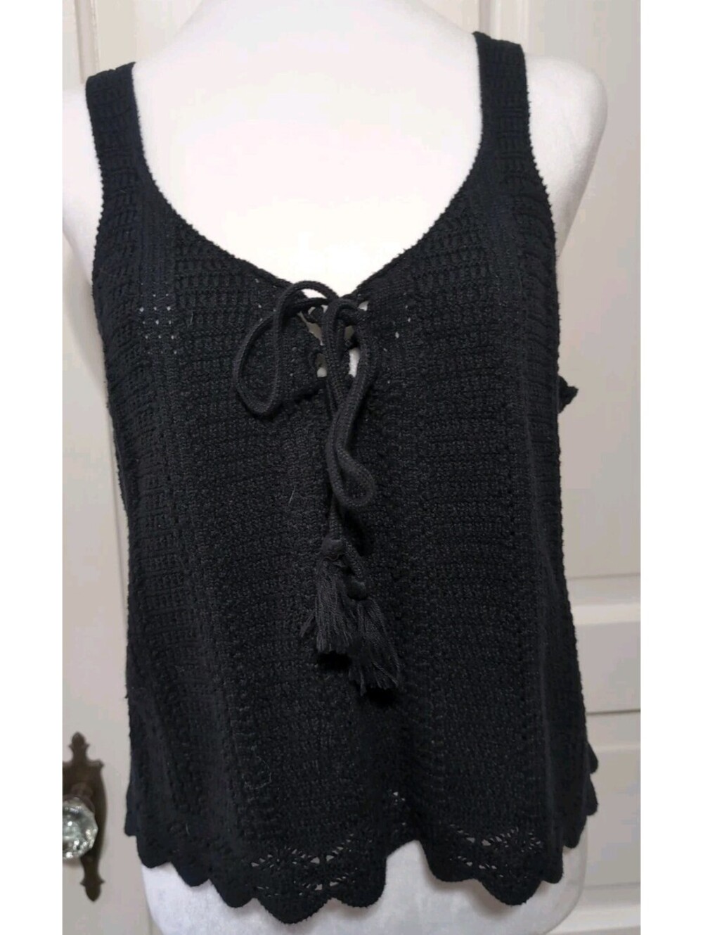 Old Navy Black Crop Top Crochet Knit Tie Party Festival Womens L(1475)D